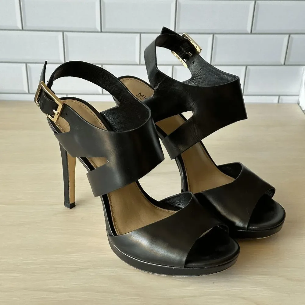 MICHAEL Michael Kors Black Leather Open Toe Buckle Heels - Size 7.5
